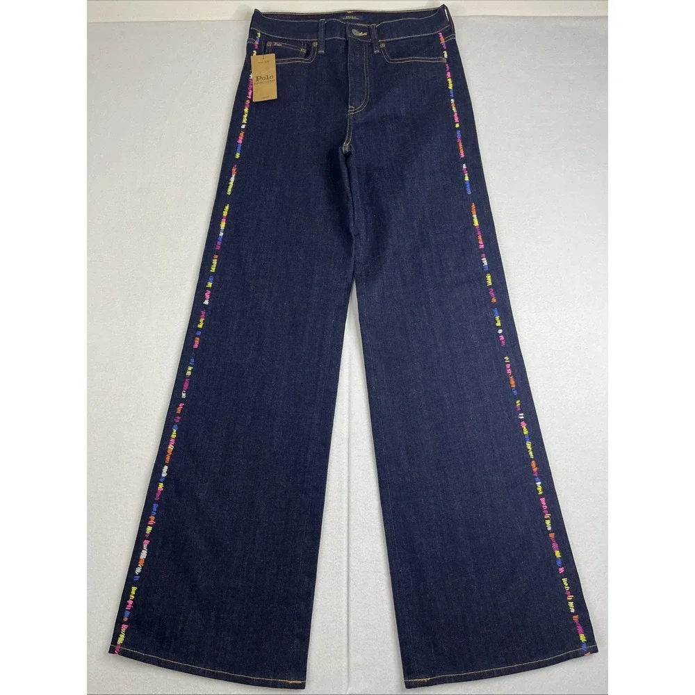 Polo Ralph Lauren Womens Wide Leg Rainbow Stitch Denim Jeans 28x34 Dark Wash NEW